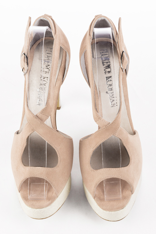Powder pink women's closed back sandals, with crossed straps. Round toe. Very high slim heel with a platform at the front. Top view - Florence KOOIJMAN